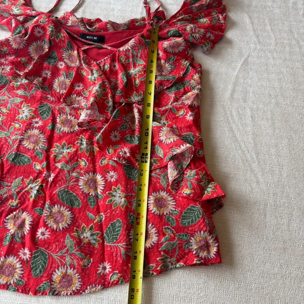 Vintage Y2K Miss Me Red Floral Cold Shoulder Ruffle Blouse Sunflowers Small - Picture 7 of 8